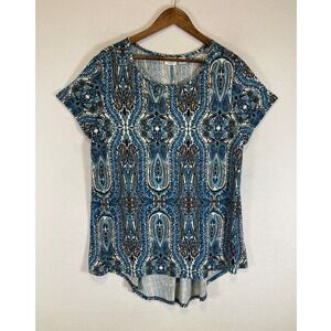Boho Cato Woman 14/16W Blue Paisley Grommet High Low Short Sleeve Top